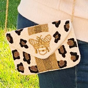 SASHA Leopard & Bee Beaded Shoulder Envelope Purse